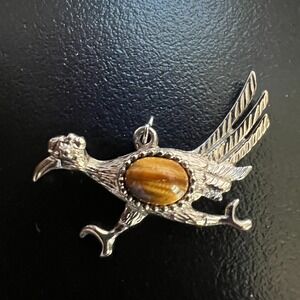 Vintage Silver Tone Roadrunner Pendant Faux Tigers Eye Southwest Bird